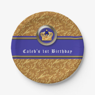 Plato De Papel Corona de cumpleaños personalizada dorada y azul r