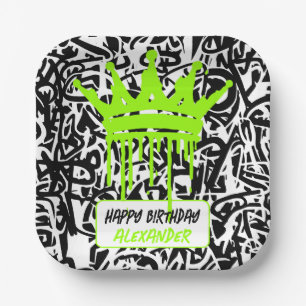 Plato De Papel Corona de grafiti Cumpleaños Feliz negro verde