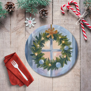 Plato De Papel Corona de Navidad Acuarela Navideña