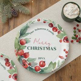 Plato De Papel Corona de Navidad con acebo y bayas rojas en acuar