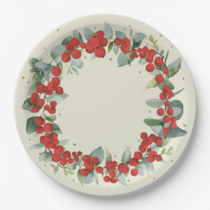Plato De Papel Corona de Navidad de Bayas Rojas Fiesta Navideña