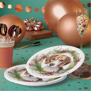 Plato De Papel Corona de Navidad de Beagle Perro Festivo 