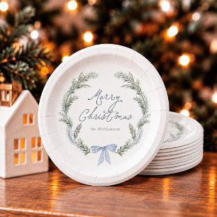 Plato De Papel Corona de Navidad de lazo azul botánico