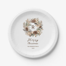 Plato De Papel Corona de Navidad de Piña con Monograma Feliz Navi