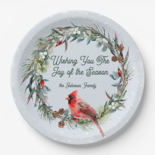 Plato De Papel Corona de Navidad del bosque, cardenal, copos de n