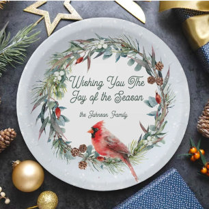 Plato De Papel Corona de Navidad del bosque, cardenal, copos de n