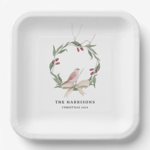Plato De Papel Corona de Navidad en Acuarela Personalizada Blanca