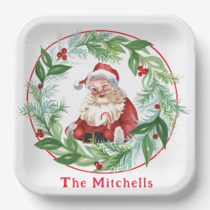 Plato De Papel Corona de Navidad en acuarela Santa vintage