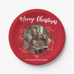 Plato De Papel Corona de Navidad roja simple con nombre de famili