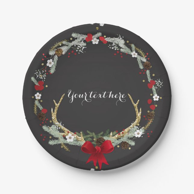 Plato De Papel Corona de Navidad Rústica con Cuerno Fiesta Navide (Anverso)