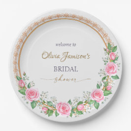 Plato De Papel Corona de novia de rosas rosadas y aliento de bebé