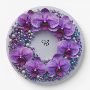 Plato De Papel Corona de orquídea púrpura decorada con perlas