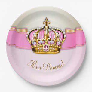 Plato De Papel Corona de princesa de oro rosa para baby shower de