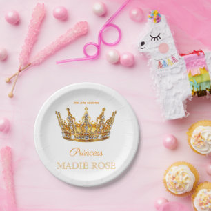 Plato De Papel Corona de Princesa Dorada Cumpleaños de Cuento de