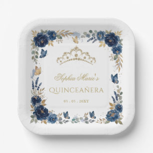 Plato De Papel Corona de quinceañera de mariposa floral navy oro