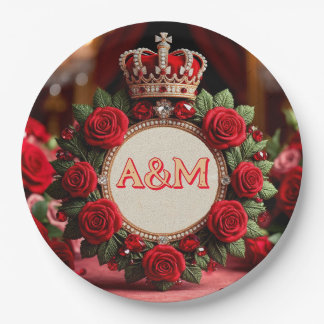 Plato De Papel 👑 Corona de Rosa Personalizada con Monograma de N