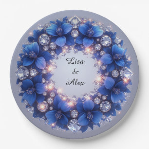 Plato De Papel Corona elegante adornada con flores azules