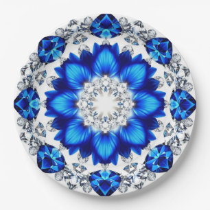 Plato De Papel Corona elegante adornada con flores azules
