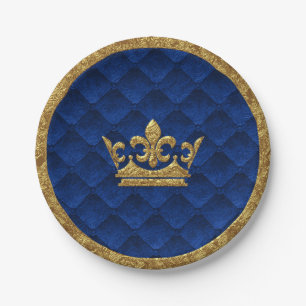 Plato De Papel Corona Elegante Azul Real y Dorado Cuento de Hadas