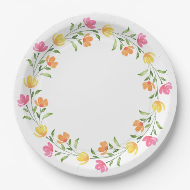 Plato De Papel Corona floral de acuarela amarilla, naranja, rosa (Anverso)
