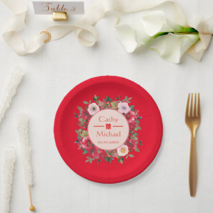 Plato De Papel Corona floral de círculo rojo boda china moderna