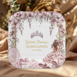 Plato De Papel Corona floral de quinceañera de oro y rosa rubor