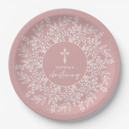 Plato De Papel Corona y Cruz Elegante Bautizo de Niña Rosa