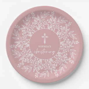 Plato De Papel Corona y Cruz Elegante Bautizo de Niña Rosa