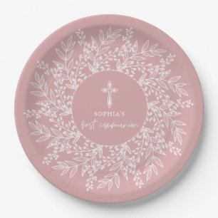 Plato De Papel Corona y Cruz Elegante Rosa Primera Comunión Niña