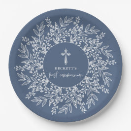 Plato De Papel Corona y Cruz Elegantes Primera Comunión Niño Azul