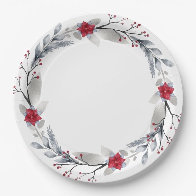 Plato De Papel Coronas Navideñas Rojas Plateadas (Anverso)