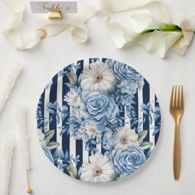 Plato De Papel Correa floral azul de la marina (Boda)