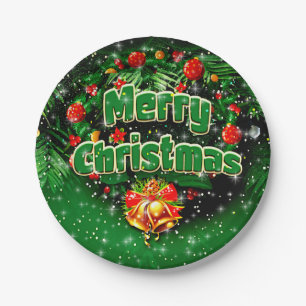 Plato De Papel Correspondiente Green Merry Christmas Gold Bells 7