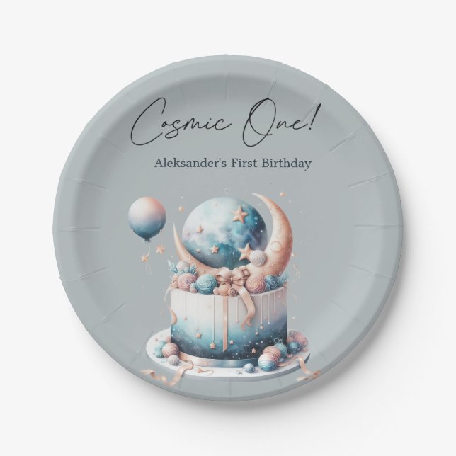 Plato De Papel ¡Cósmico! Primer cumpleaños de niño celeste (Anverso)
