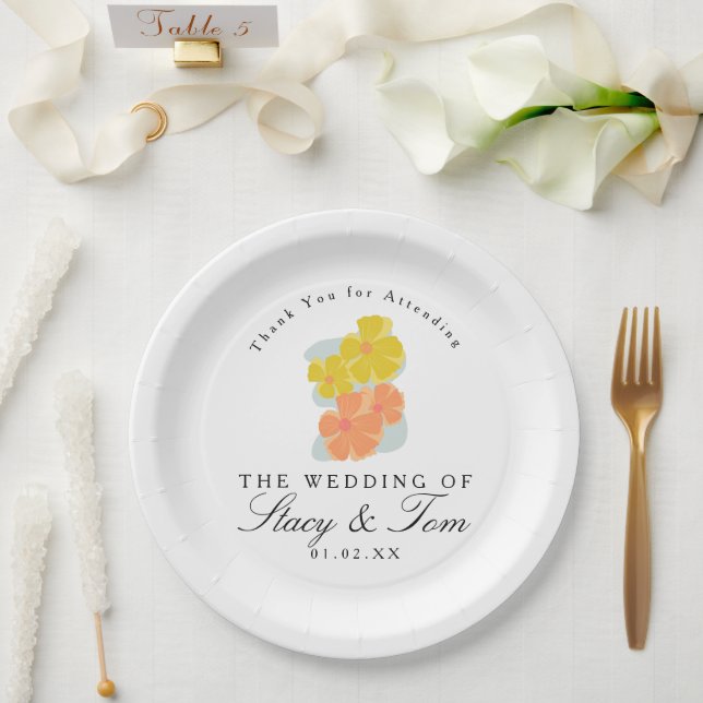 Plato De Papel Cósmos de primavera Floral Dibujado a Mano Boda    (Boda)