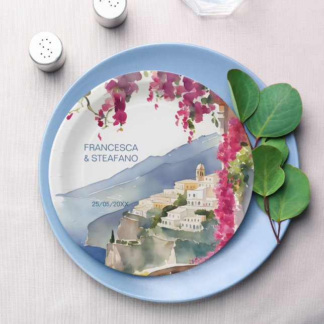 Plato De Papel Costa amalfitana Monograma mediterráneo impreso (Amalfi coast Mediterranean bridal shower wedding monogram printed Paper Plates)