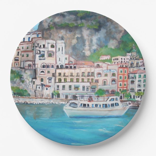 Plato De Papel Costa de Amalfi - placas de papel de encargo 9" (Anverso)