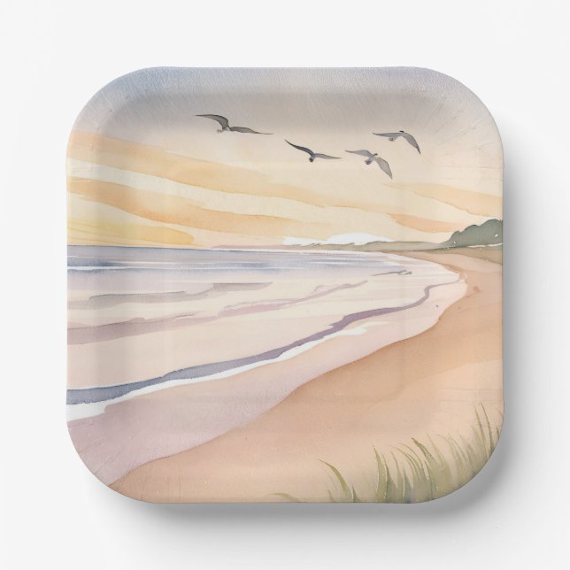 Plato De Papel Costa del Océano | Pintura en acuarela luminosa y  (Anverso)