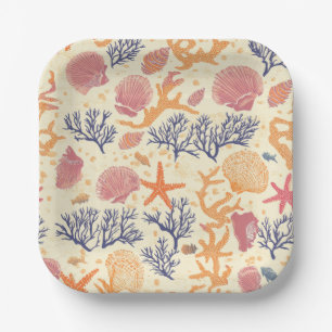 Plato De Papel Costa Rústica - Aguas marinas, pez estrella, arrec