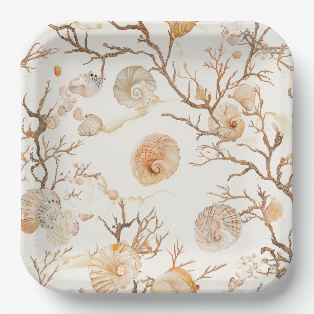 Plato De Papel Costa Rústica - Aguas marinas, pez estrella, arrec (Anverso)