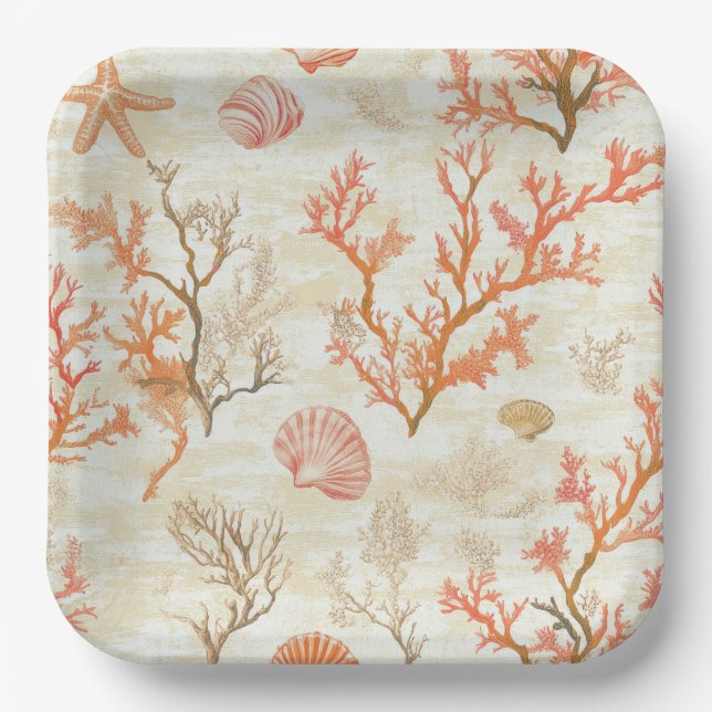 Plato De Papel Costa Rústica - Aguas marinas, pez estrella, arrec (Anverso)