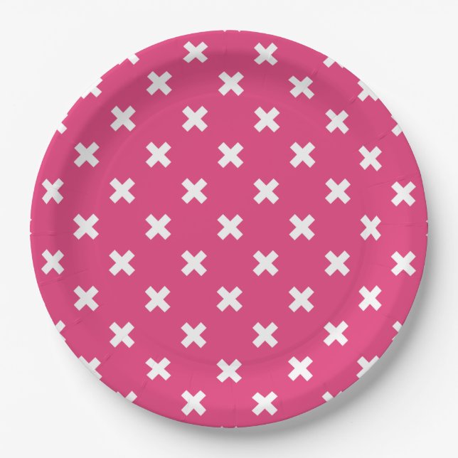 Plato De Papel Costillas cruzadas blancas en fucsia (Anverso)