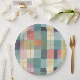 Plato De Papel Cosy Pastel Plaid color rosa Minoritario Verde