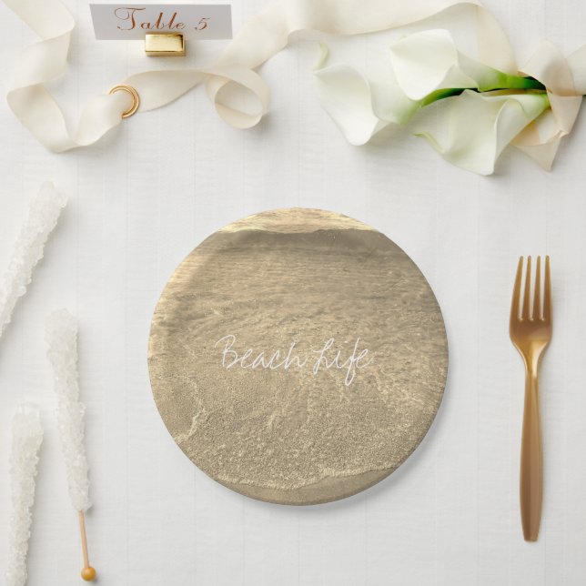 Plato De Papel Cotización Beach Life Clear Ocean Water Gold Sepia (Boda)
