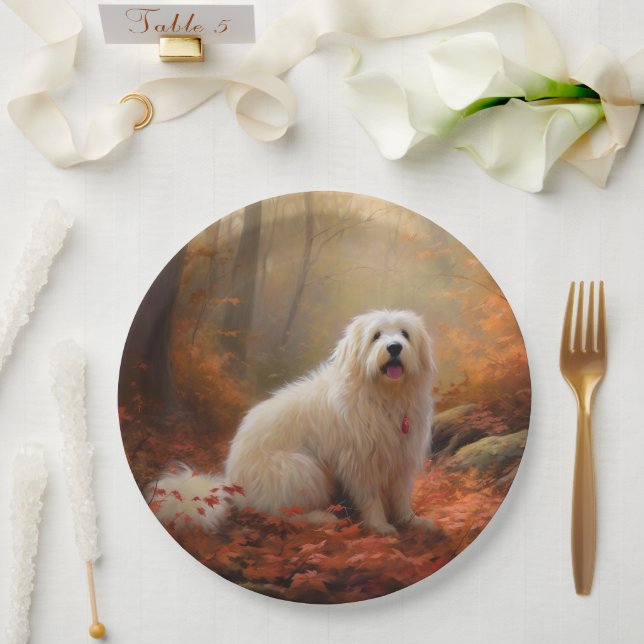 Plato De Papel Coton De Tulear en Hojas de Otoño que Caen Inspira (Boda)