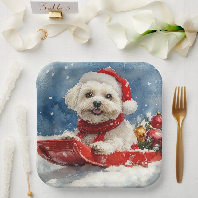 Plato De Papel Coton De Tulear en Sledge Let it Snow Navidades (Boda)