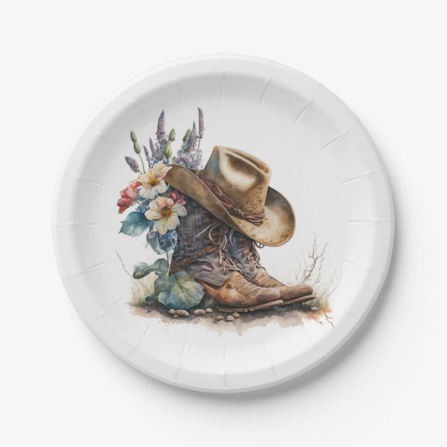 Plato De Papel Country Cowgirl Boots Flower Hat Texas (Anverso)
