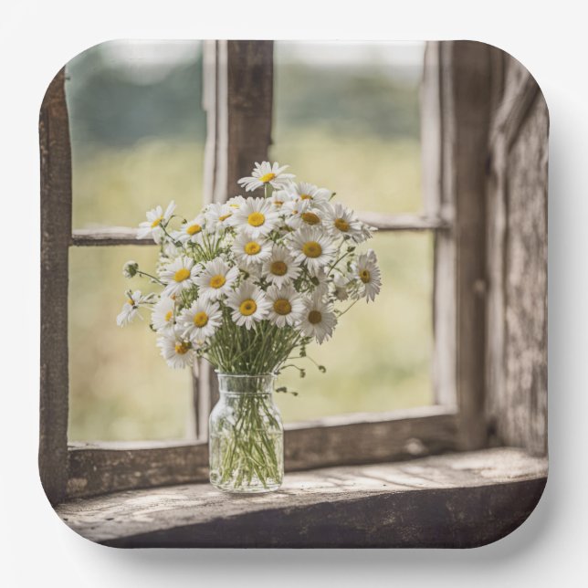 Plato De Papel Country Daisy Bouquet En Ventana (Anverso)