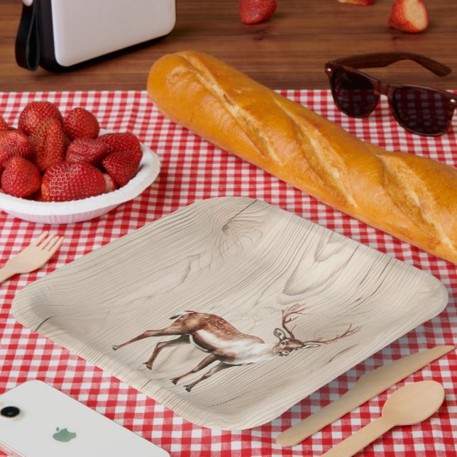 Plato De Papel Country Faux Wood Deer Birday (Picnic)