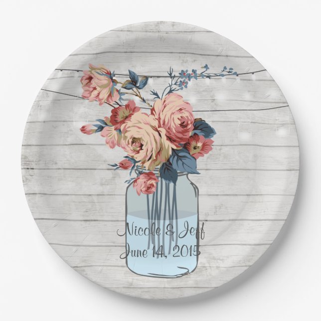 Plato De Papel Country Floral Wood Mason Jar Boda (Anverso)